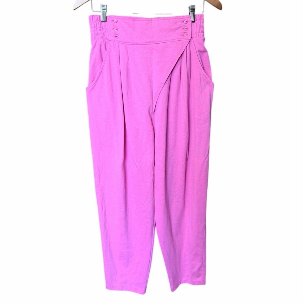 Vintage 90s Pinwheel hot pink asymmetrical button knit pant Large USA made taper